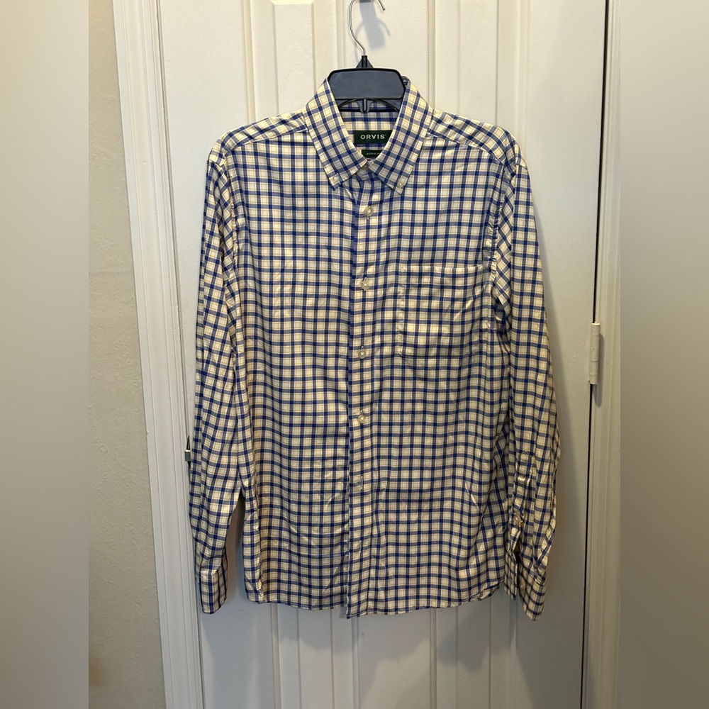 Orvis Navy, White, and Yellow Plaid Button Down Shirt Active Fit Size Medium